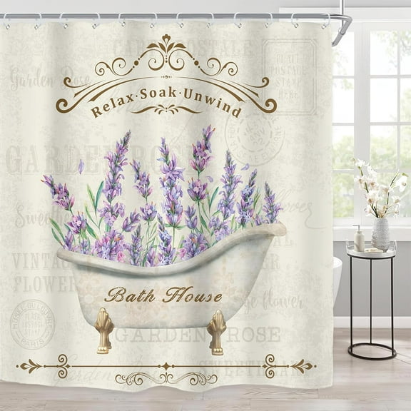 Lavender Lilac Shower Curtain for Bathroom Decor 72Wx72H Purple Floral Flower Rustic Vintage Farmhouse Botanical Women Bathtub Art Printed Fabric Polyester Waterproof 12 Pack Plastic Hooks