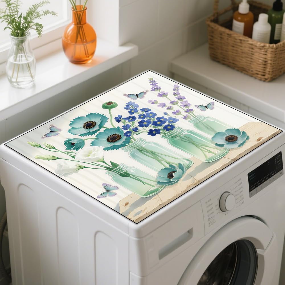 Lavender Mason Jar Laundry Room Washer Dryer Dust Cover Mat 23.6x23.6inch Papaver Washing Machine Top Protector Pad Retro Lavender