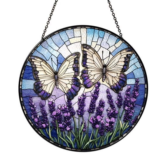 Lavender Meadow Butterfly Scene Round Stained Glass Effect Suncatcher, Gentle Window Decor