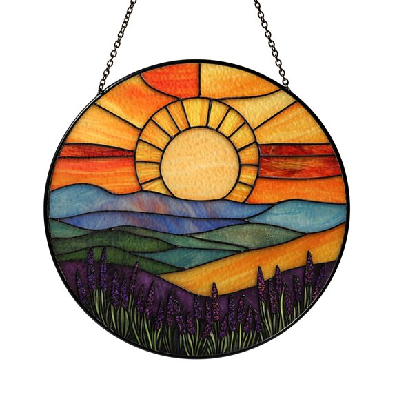 Lavender Meadow Faux Stained Glass Suncatcher, Window Hanging Decor with Calm Nature Mood