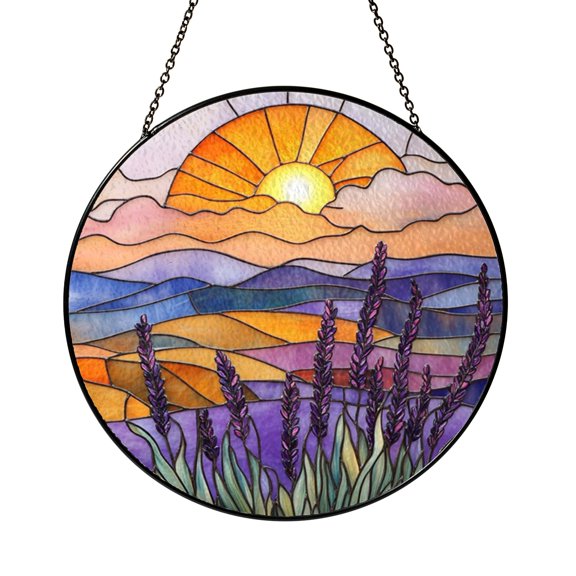 Lavender Meadow Faux Stained Glass Window Decor, Violet Field Landscape Suncatcher Hanging with Serene Nature Style for Bright Living Spaces