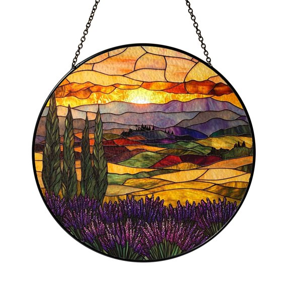 Lavender Meadow Landscape Stained Glass Style Window Hanging Suncatcher, Scenic Decorative Glass Panel Art Ornament for Nature Decor