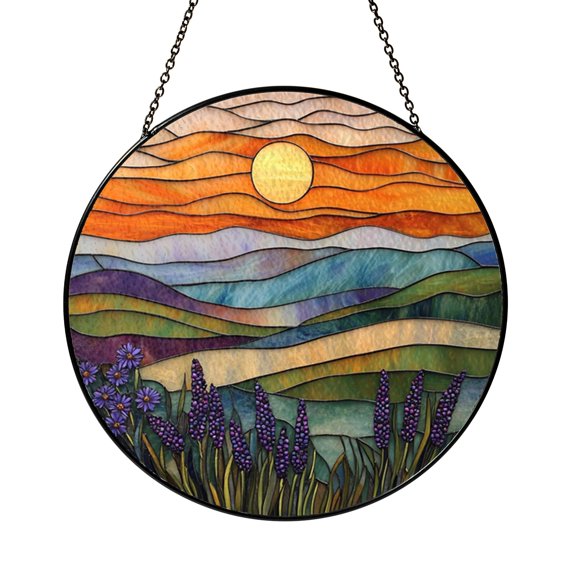 Lavender Meadow Landscape Stained Glass Style Window Suncatcher, Floral Window Hanging Decor Ornament