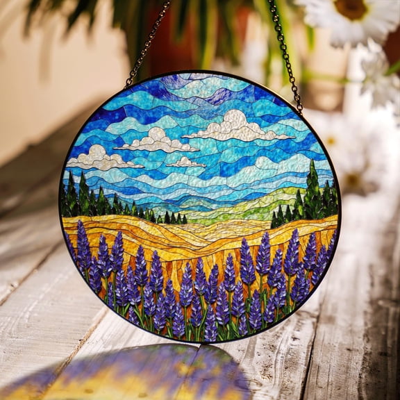 Lavender Meadow Landscape Stained Glass Suncatcher, Calm Nature Window Decor, Gift for Nature Lovers
