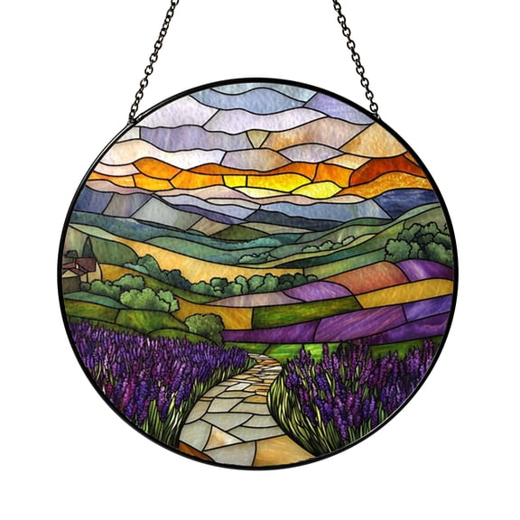 Lavender Meadow Landscape Window Hanging – Stained Glass Style