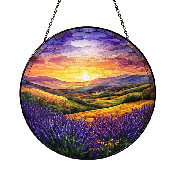 Lavender Meadow Stained Glass Suncatcher, Landscape Panel for Home Decoration