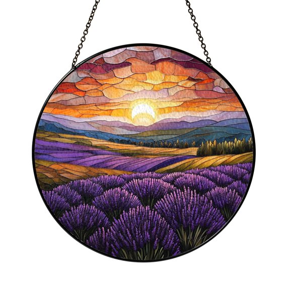 Lavender Meadow Window Hanging Decor, Stained Glass Style Botanical Sunset Suncatcher, Decorative Glass Panel for Windows
