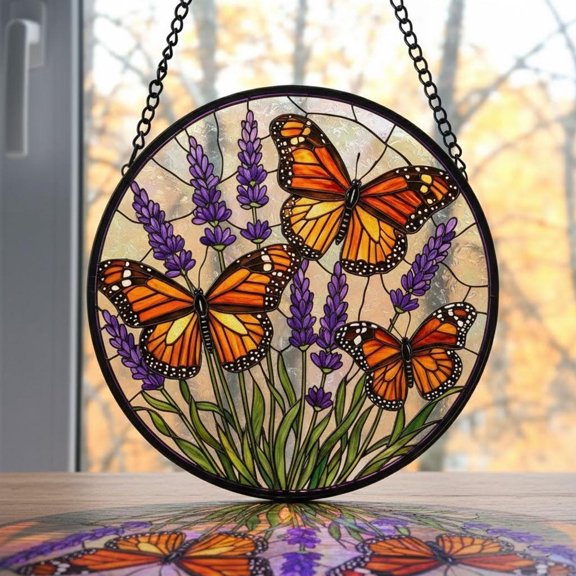 Lavender Monarch Butterfly Glass Suncatcher, Window Hanging Wall Decor, Flower Ornament, 3.5 in