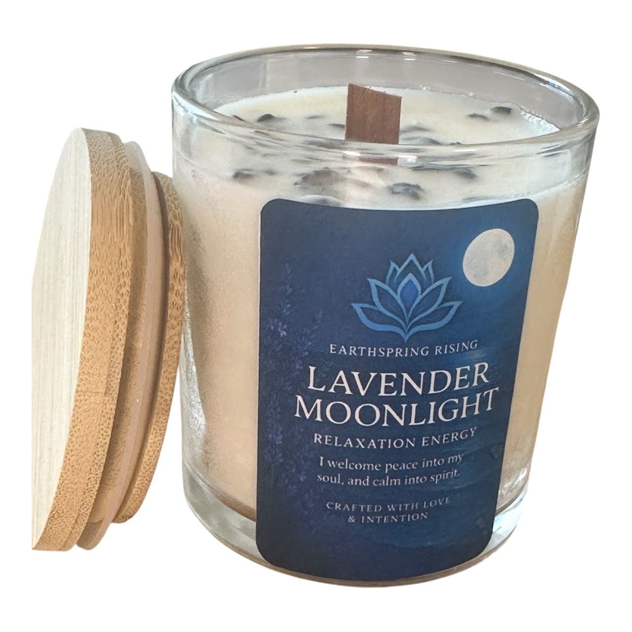 Lavender Moonlight Candle – Lavender, Chamomile, Ylang Ylang & Vanilla | 10oz Soy Wax Wood Wick Candle with Wood Lid | 50-Hour Burn Time