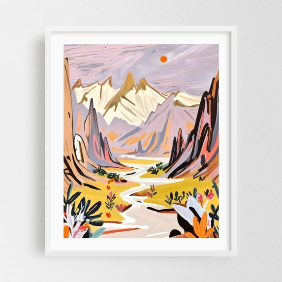 Lavender Mountains - India Illustration Landscape Mountain Desert Surrealism Nature Abstract Scenic White Framed Wall Art Print 8 x 10 inches