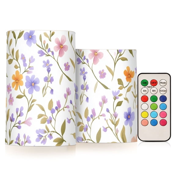 Lavender Orange Tiny Flowers Leaves Flickering Flameless Candles LED Tealight Battery Operated with Remote Set of 2 Holiday Decor Ornaments