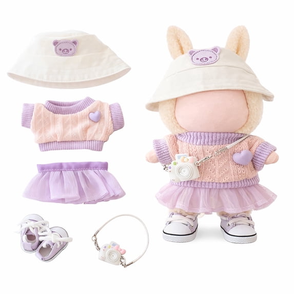 Lavender Outfit Set for 15–17cm Plush Dolls, 5-Piece Doll Clothes Accessories with Hat, Sweater, Skirt, Shoes & Mini Camera Charm (Purple)