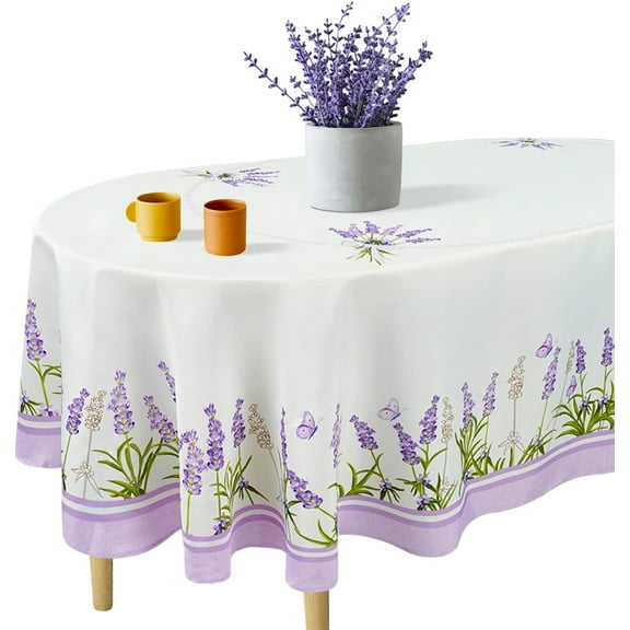 Lavender Oval Tablecloth 60 x 84, Light Purple Floral Tablecloth Table Cover, Elegant Country French Style Table Cloths for Parties, Kitchen Dining Table, Polyester Fabric Flower Tablecloth White