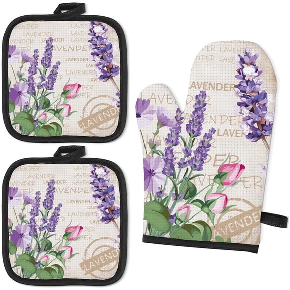 Lavender Oven Mitts and Pot Holders Pink Purple Flowers Heat Resistant Gloves with Kitchen Counter Safe Mats for Kitchen Cooking Baking Grilling BBQ Oven Mitts and Pot Holders Sets diy
