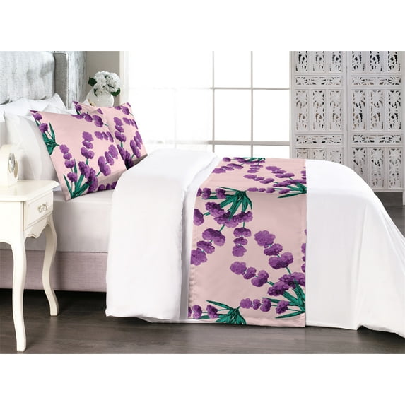 Lavender Pattern Bed Runner Set, Watercolor Romantic Botany Artwork with Floral Boho and Leaves, Decorative Bedding Scarf & 2 Pillow Shams for Hotels Homes, King, Jade Green and Purple, by Ambesonne
