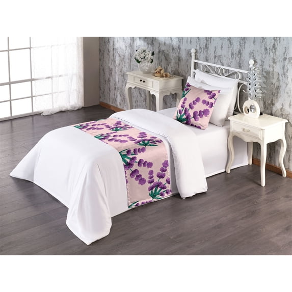 Lavender Pattern Bed Runner Set, Watercolor Romantic Botany Artwork with Floral Boho and Leaves, Decorative Bedding Scarf & a Pillow Sham for Hotels Homes, Twin, Jade Green and Purple, by Ambesonne