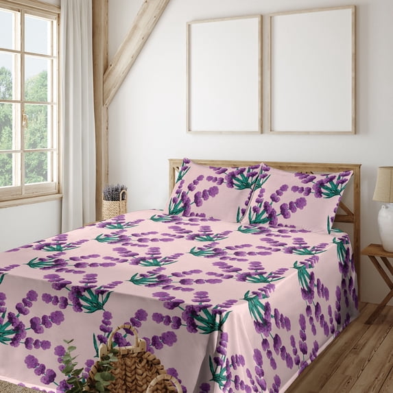 Lavender Pattern Sheet Set, Watercolor Romantic Botany Artwork with Floral Boho and Leaves, Fitted & Flat Sheet with Pillowcase Bedding Accent 4 Pcs Set, Queen, Jade Green and Purple, by Ambesonne