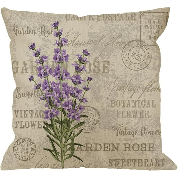 Lavender Pillow Case,Vintage Postcard Composition with Grunge Display and Flowers Cotton Linen Cushion Cover Square Standard Home Decorative for Men/Women 18x18 inch Gray Purple