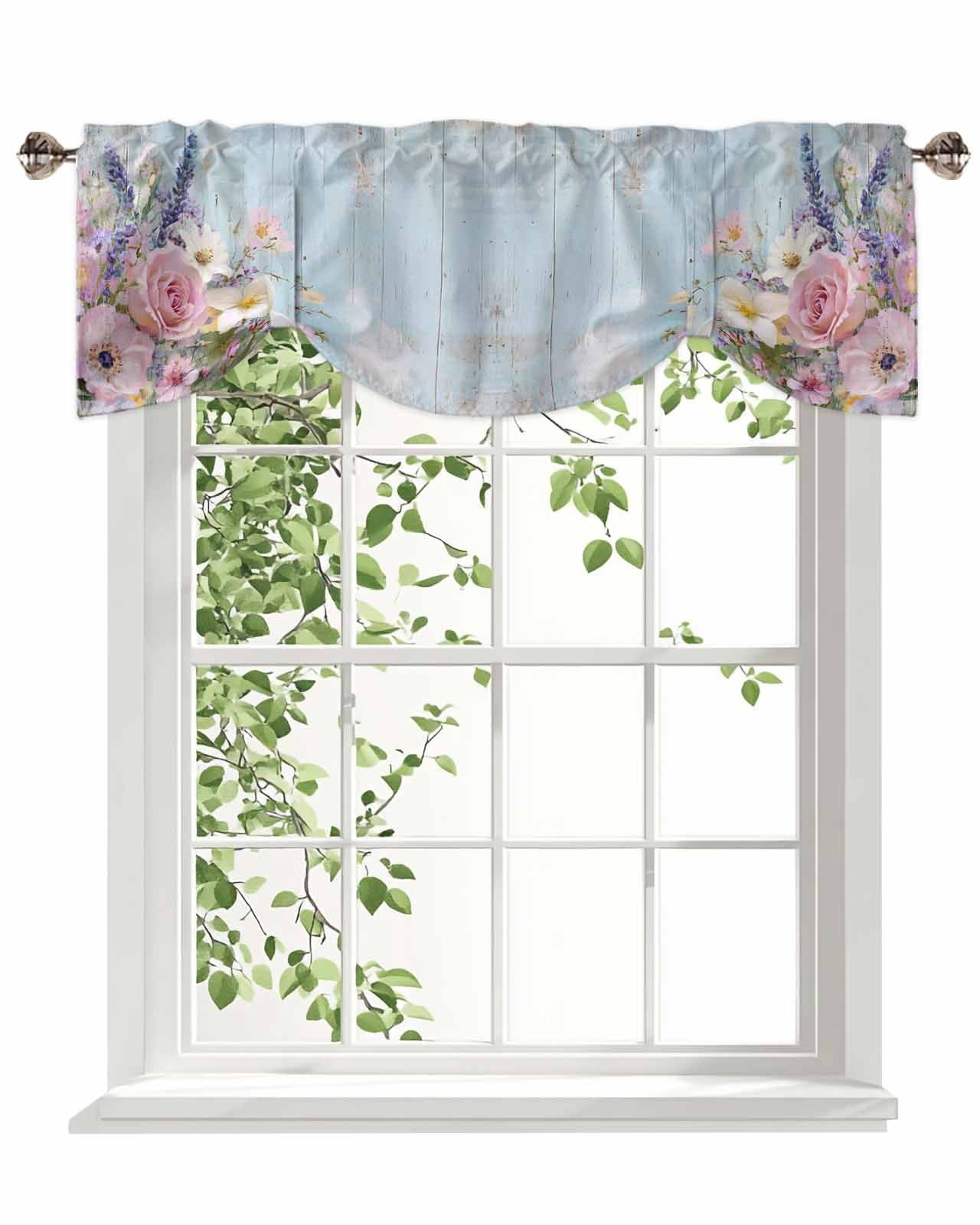 Lavender Pink Rose Tie Up Valances Curtain, Leaf Pastoral Flower Blue Board Kitchen Valances for Windows Decor, Rod Pocket Short Curtains Set for Bedroom/Bathroom, 54"x18"