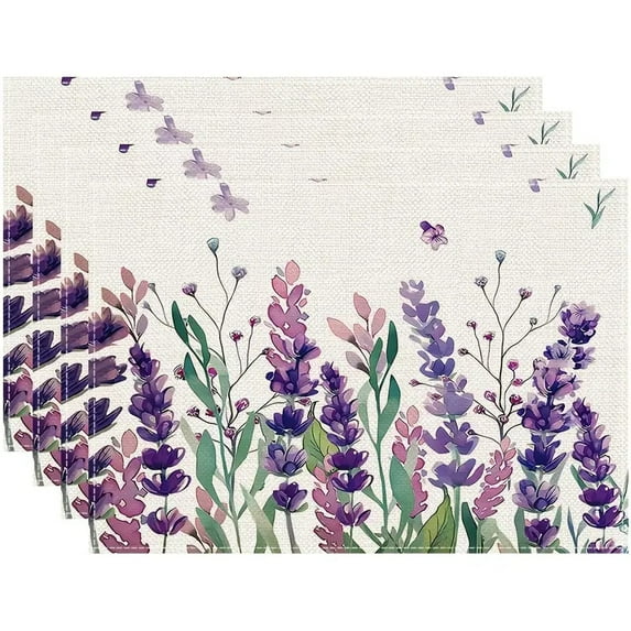 Lavender Placemats Set of 4 Purple Flower Butterfly Linen Fabric Table Mats Seasonal Spring Summer Rustic Floral Placemat Farmhouse Decorative Washable Place Mats for Home Kitchen Dining Table