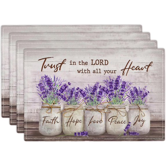 Lavender Placemats Set of 4, Christian Religious Place Mats Country Farmhouse Table Mats for Kitchen Dining Table Kitchen Decor Linen 12x18 Inch