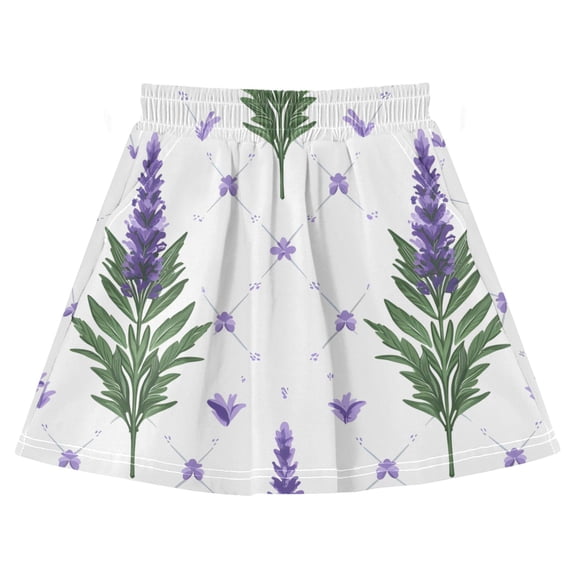 Lavender Plant Pattern Cotton Skirt Built-in Liner Elastic A-Line Flared Skirt with Pockets