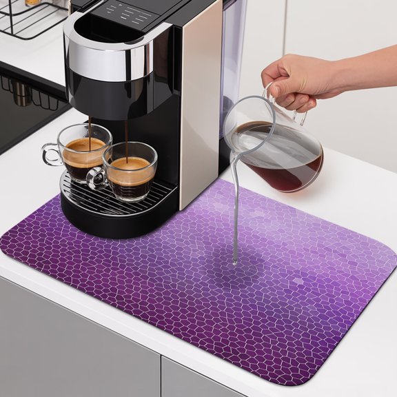 Lavender Plum Mosaic Dish Drying Mats for Kitchen Counter, Minimalist Abstract Hexagonal Grid Gradient Absorbent Coffee Bar Mat with Non-slip Rubber Backed Quick Drying Dish Rack Pad 12"x16"