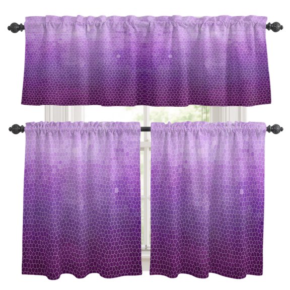 Lavender Plum Mosaic Kitchen Curtains and Valances Set, Minimalist Abstract Hexagonal Grid Gradient Rod Pocket Window Valance Window Curtain Panels for Living Room Bedroom, 27.5x24in, 3 Pieces