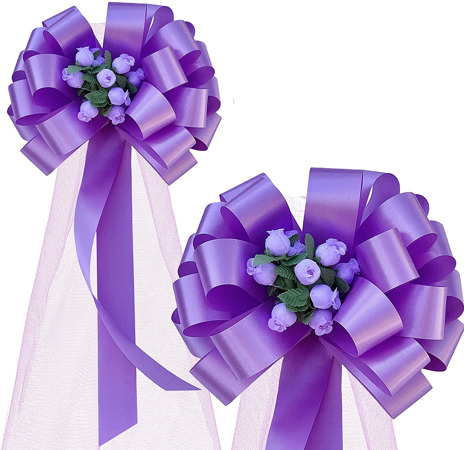 Lavender Pull Bows with Tulle Tails and Rosebuds - 8" Wide, Set of 6, Wedding, Easter
