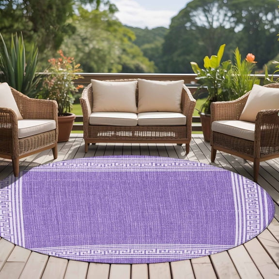 Lavender Purple Abstract Art 6ft Round Rug for Living Room Under Coffee Table, Vintage Linen Greek Key Geometric Low Pile Washable Non Slip Circle Area Rug