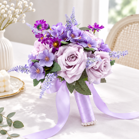 Lavender Purple Artificial Wedding Bouquet with Silk Roses and Hydrangea for Bride Bridesmaid