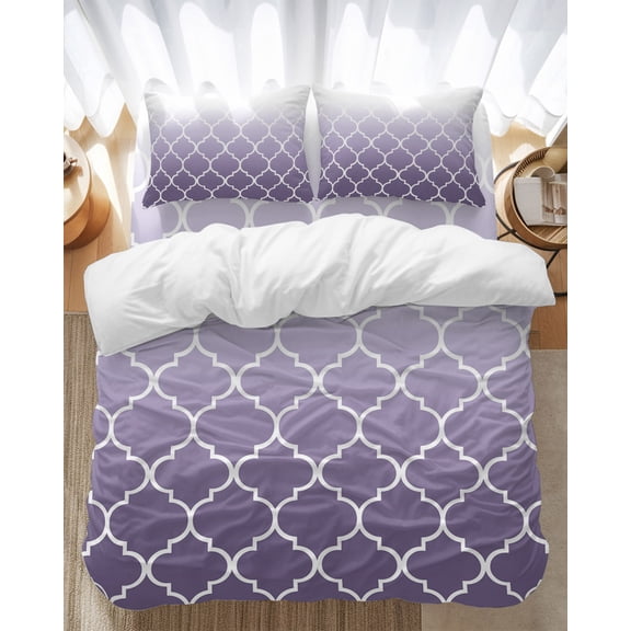 Lavender Purple Bedding Duvet Cover Set Queen Size 4 Pieces Moroccan Trellis Abstract Gradient Geometric Bedding Set with Zipper Closure, 1 Comforter Cover 90x90 Inches 1 Flat Sheet & 2 Pillow Cases
