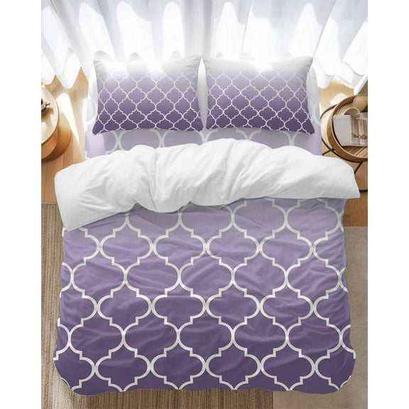 Lavender Purple Bedding Duvet Cover Set Queen Size 4 Pieces Moroccan Trellis Abstract Gradient Geometric Bedding Set with Zipper Closure, 1 Comforter Cover 90x92 Inches 1 Flat Sheet & 2 Pillow Cases