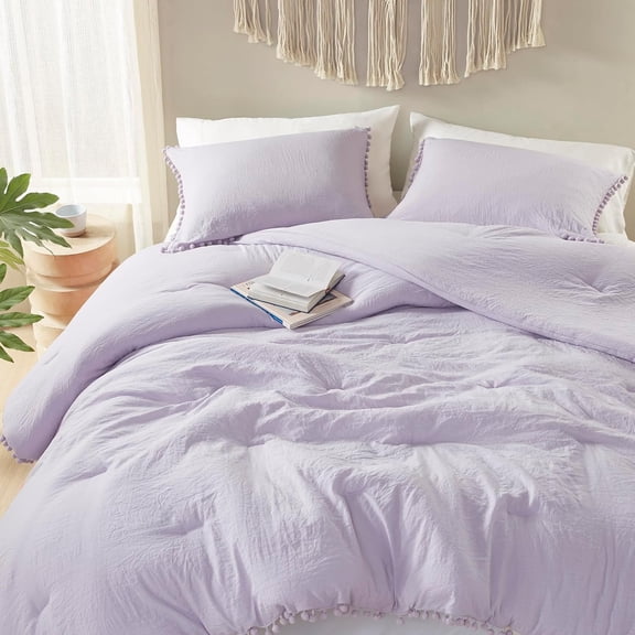 Lavender Purple Boho Comforter Set for Girls, Aesthetic Pom Fringe Design Cute Bedding, Soft Washed Microfiber Bed Sets, Lightweight Chic,1 Comforter & 1 Pillowcase