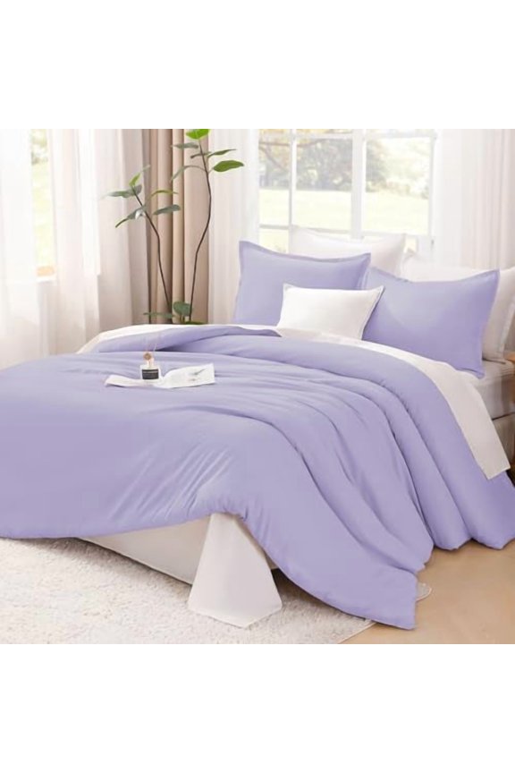 Lavender Purple Comforters Queen Size, 3 Pieces Lightweight Solid Bedding Comforter Set, All Season Fluffy Bed Set (90x90In Comforter & 2 Pillowcases)