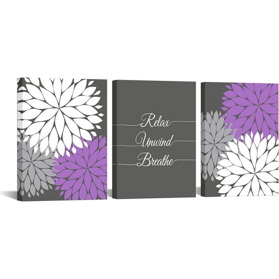 Lavender Purple Grey Bathroom Wall Art 3 Pieces Relax Refresh Renew Signs Picture Aqua Wall Decor for Bathroom Wash Room 12x16inch