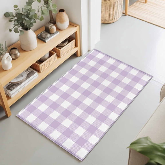 Lavender Purple Grid Rectangle Area Rug 2x3ft,Living Room Rug Non-Slip Washable Circle Rugs Pad,Farm Pastoral Theme Soft Floor Carpet for Bedroom Dining Room