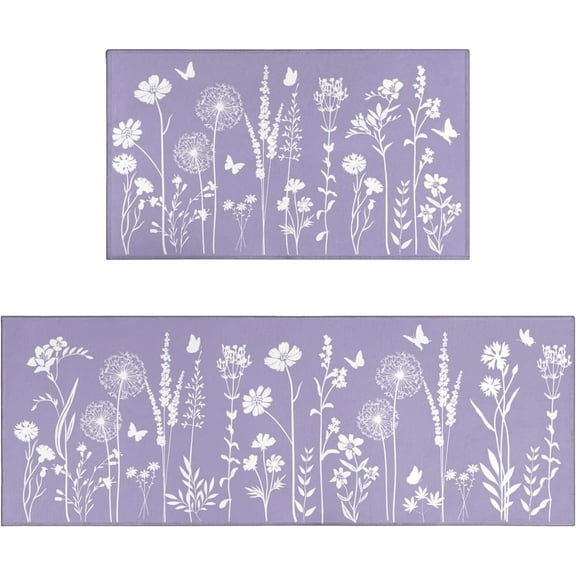 Lavender Purple Kitchen Rug Set of 2- Purple Butterfly Plant Floral Rug Floor Mats Area Rug Carpet Kitchen Decor Accessories Things- Leaves Flower Rugs for Home Kitchen Large- 17x30 and 17x47 Inch