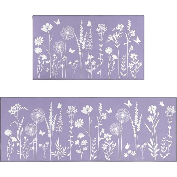 Lavender Purple Kitchen Rug Set of 2- Purple Butterfly Plant Floral Rug Floor Mats Area Rug Carpet Kitchen Decor Accessories Things- Leaves Flower Rugs for Home Kitchen Large- 17x30 and 17x47 Inch