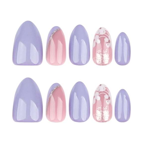 Lavender Purple Pink Floral Color Block Press on Nails, Medium Almond Glossy Glitter Gradient Fake Nails, 24 Count