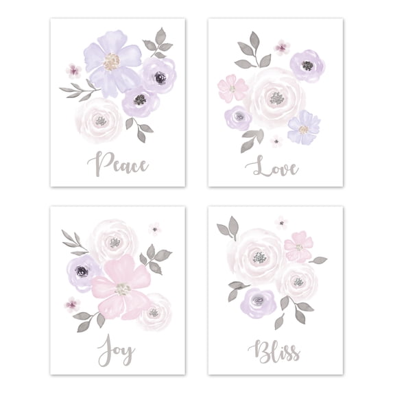 Lavender Purple, Pink Grey and White Wall Art Prints Room Decor for Baby, Nursery, and Kids for Watercolor Floral Collection by Sweet Jojo Designs - Set of 4 - Peace, Love, Joy, Bliss