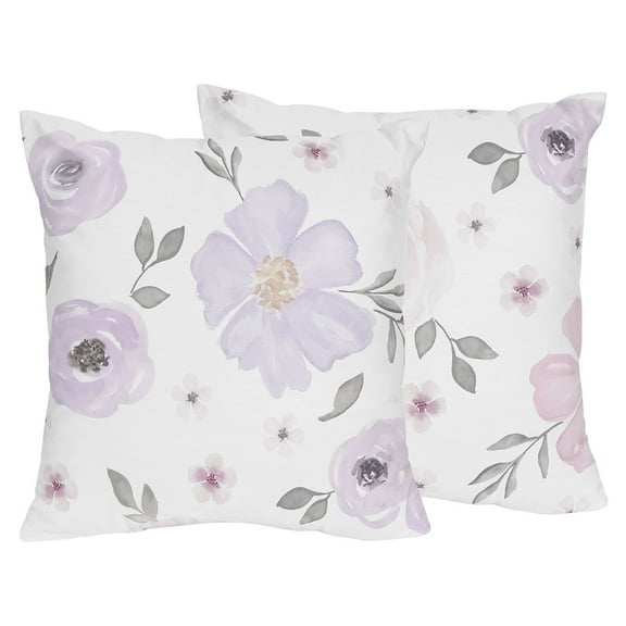 Sweet Jojo Designs Watercolor Floral Lavender and Grey Girl Square Decorative Throw Pillow Covers Set 2 Piece 18in.