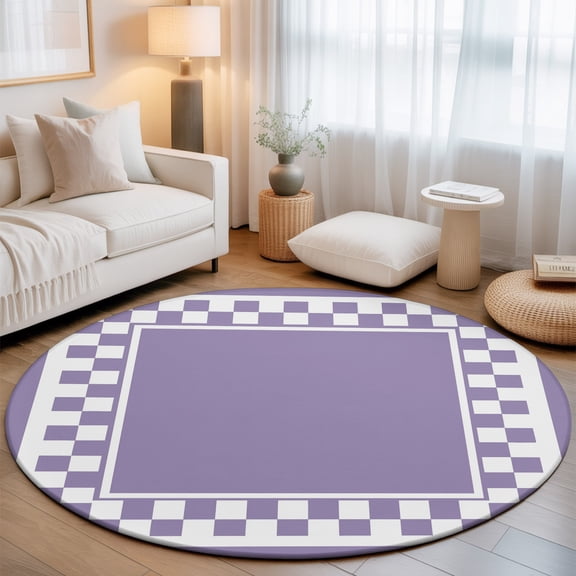 Lavender Purple Square 7' Round Rug for Living Room Conversation Area, Graphic Purple White Checkered Border Washable Non Slip Large Circle Area Rug