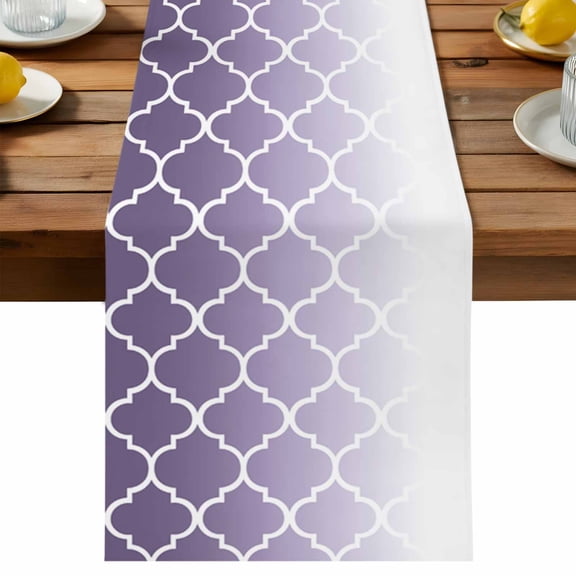 Lavender Purple Table Runner, Moroccan Trellis Abstract Gradient Geometric Cotton Linen Table Cloth, Tablerunner for Kitchen Dining Party Wedding Home Decor 13x36 Inch