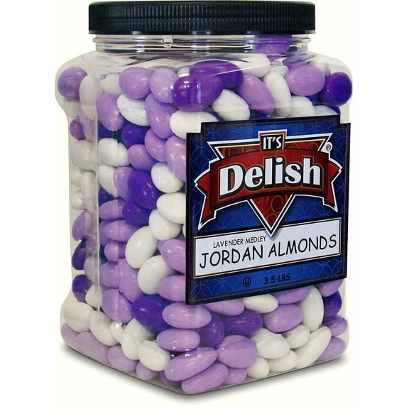 Lavender Purple & White Jordan Almonds Medley by It's Delish, 3.5 LBS Jumbo Container  Valentines Mothers Day Girl Theme Bulk Party Favors Almond Nut Coated in Sweet Hard Candy Shell - Vegan & Kosher