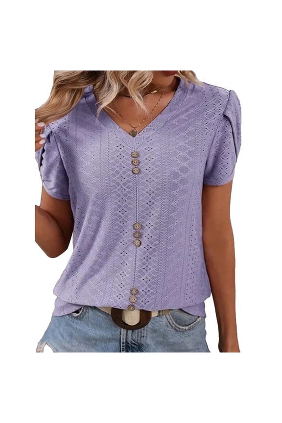 Lavender Purple Women's V-Neck Blouse with Short Petal Sleeves, Button Trim & Hollow Out - Casual Loose Fit
