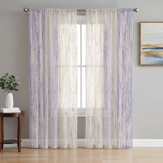 Lavender Purple Wooden Sheer Curtains 96 Inch Length 2 Panels Set, Farmhouse Brown Vintage Distressed Voile Window Treatment Semi Sheer Long Curtains Drapes for Bedroom/Living Room/Kitchen 52"x96"x2