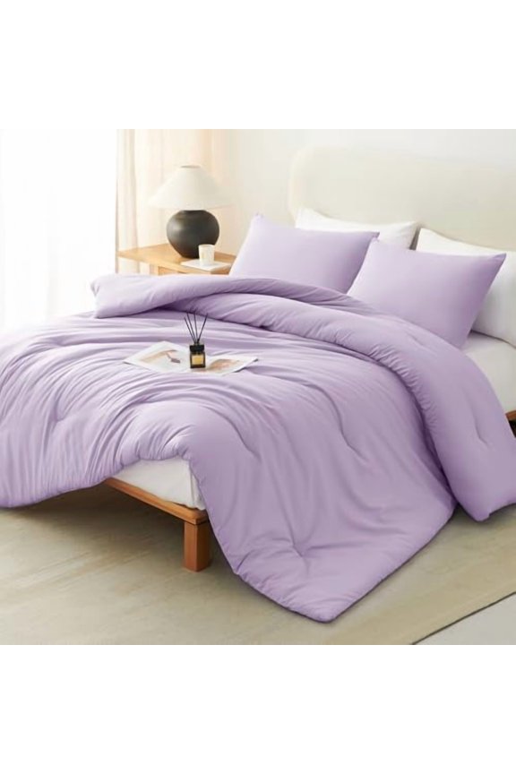 Lavender Queen Comforter Set, 3 Pieces Light Purple Solid Breathable Quilted Boho Bedding Sets, Luxury Fluffy Soft Bed Set with Down Alternative Comforter and 2 Pillowcases for All Season