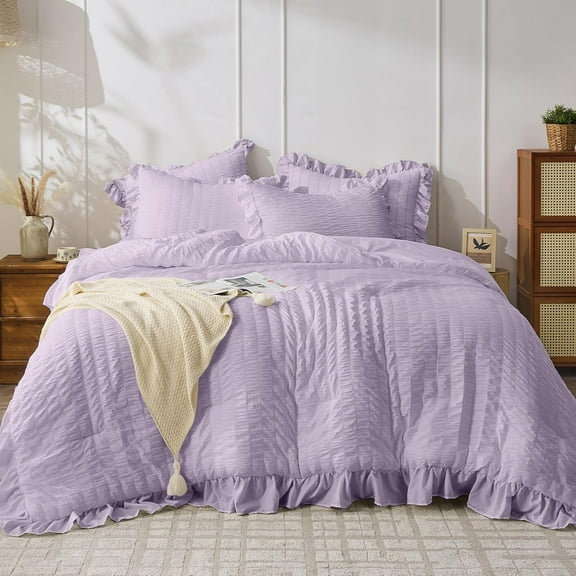 Lavender Queen Comforter Set, 3 Pieces Seersucker Comforters Queen Size, Lightweight & Fluffy Bedding Sets Queen for All Season with 1 Ruffle Comforter and 2 Ruffle Pillowshams