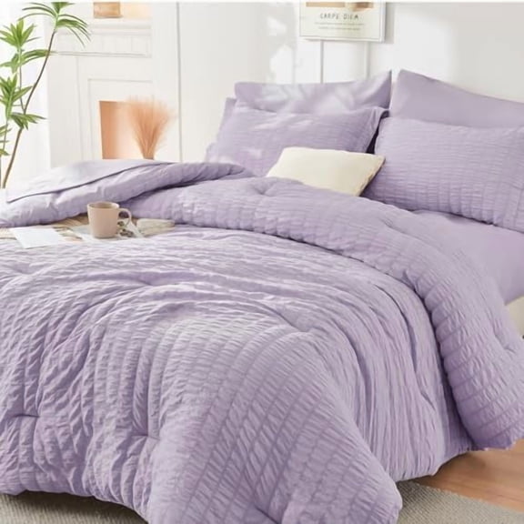 Lavender Queen Comforter Set Seersucker 7 Pieces, All Season Luxury Bed in a Bag for Bedroom, Bedding Set with Comforters, Sheets, Pillowcases & Shams